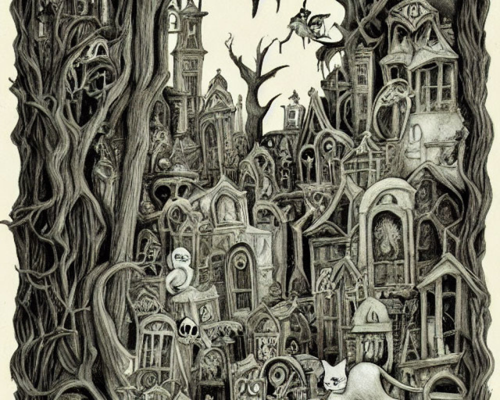 Detailed monochrome surreal cityscape with twisted tree and anthropomorphic cats