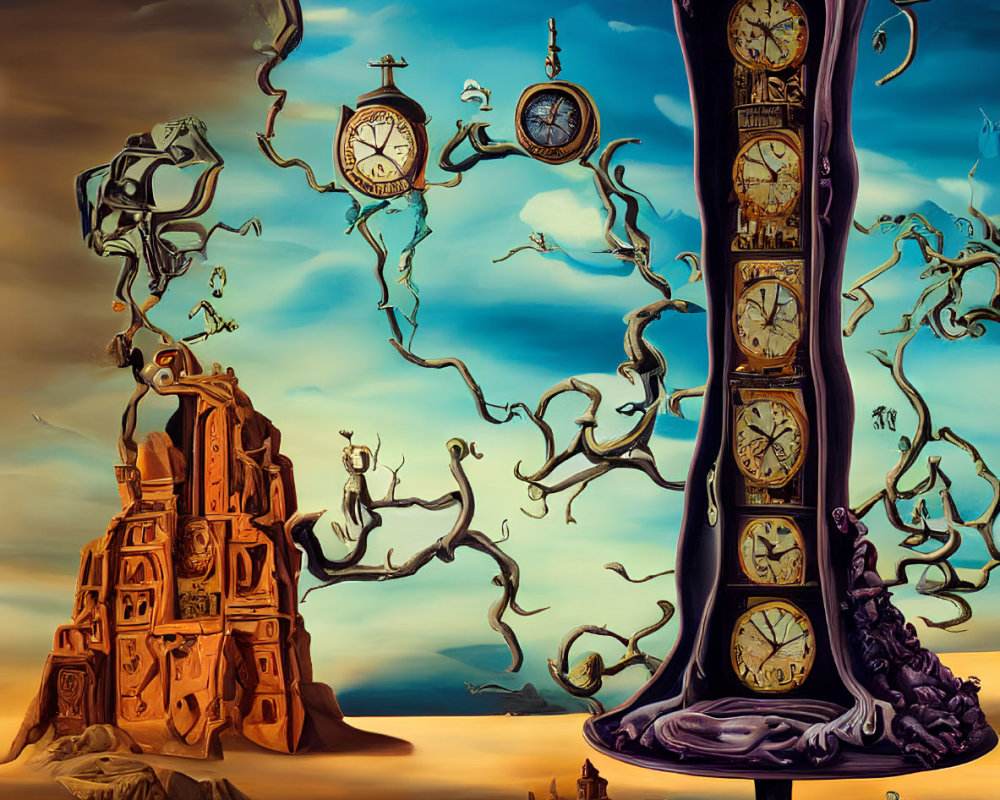 Surreal landscape with melting clocks and twisted branches.