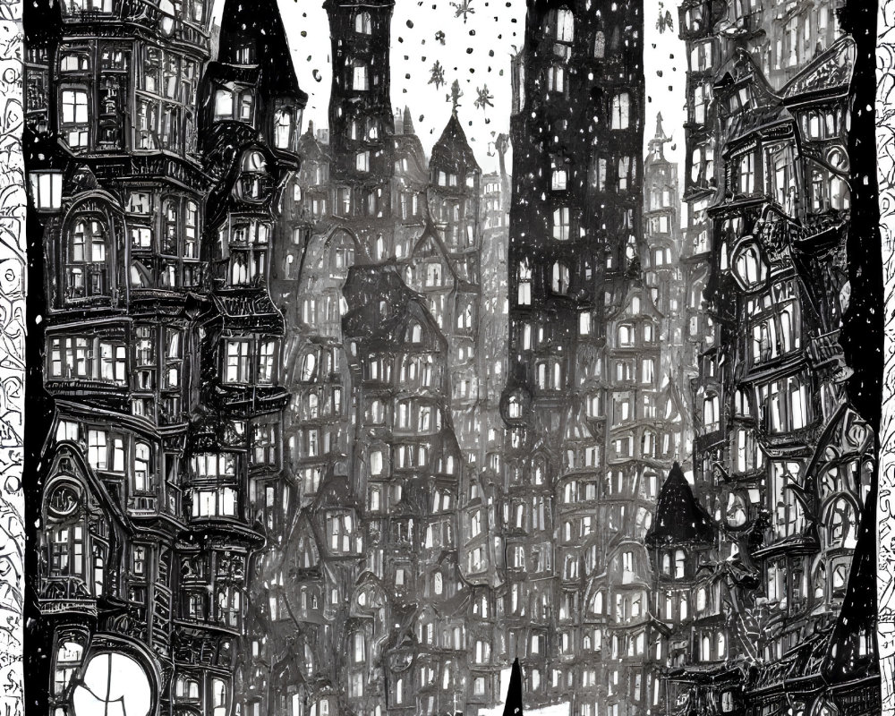 Detailed black and white cityscape illustration with Victorian-style buildings and snowfall.