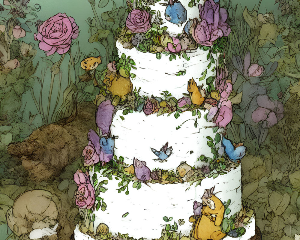 Colorful Flower and Bird Adorned Forest Cake with Animal Observers