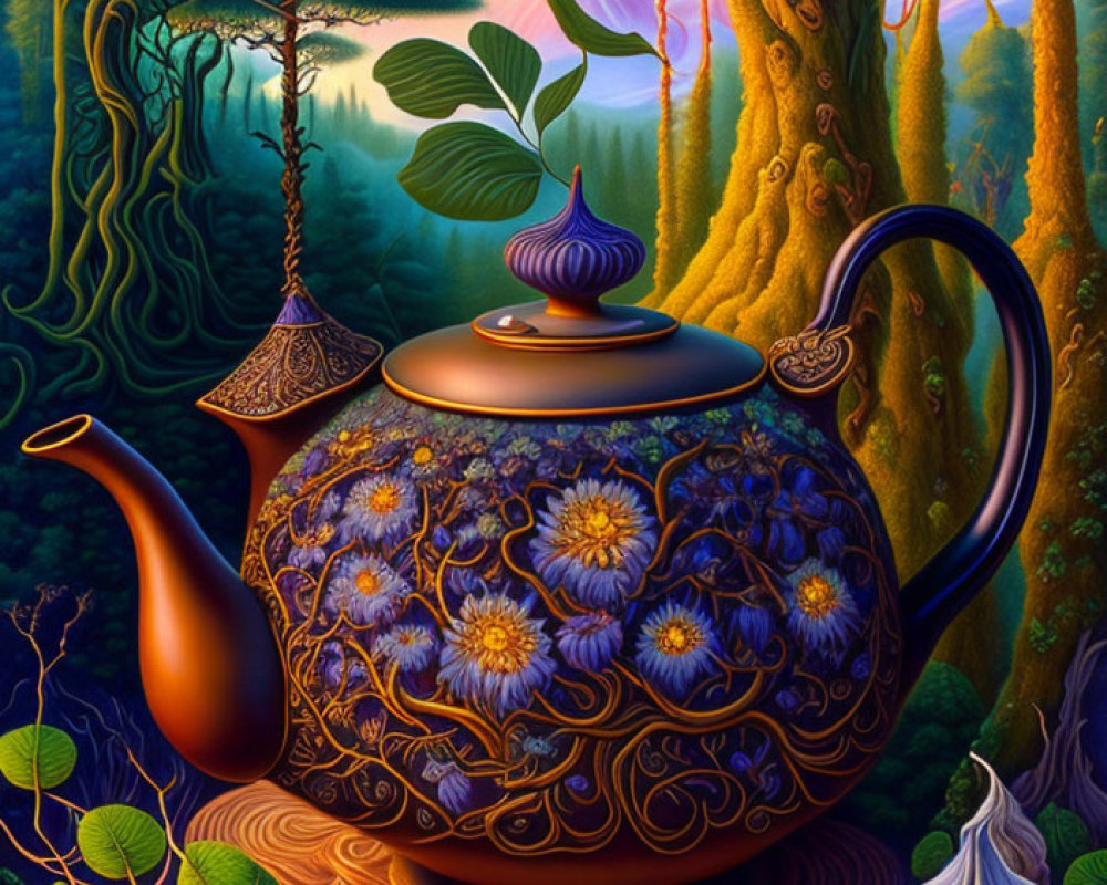 Floral-patterned teapot in fantastical forest with oversized leaves and garlic bulb