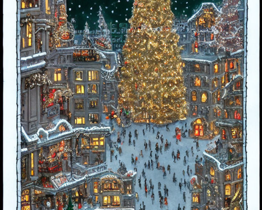 Snowy town square with illuminated Christmas tree and Santa Claus sleigh