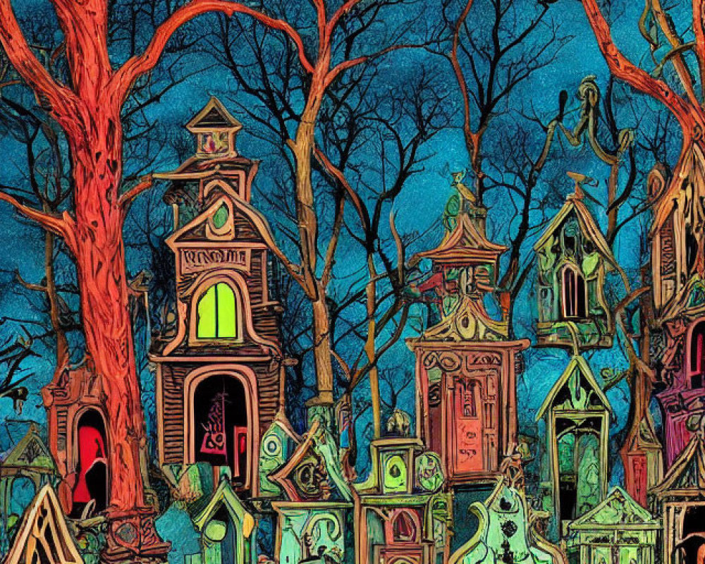 Colorful Illustration of Haunted Graveyard with Tombstones, Trees, Cats, and Moon