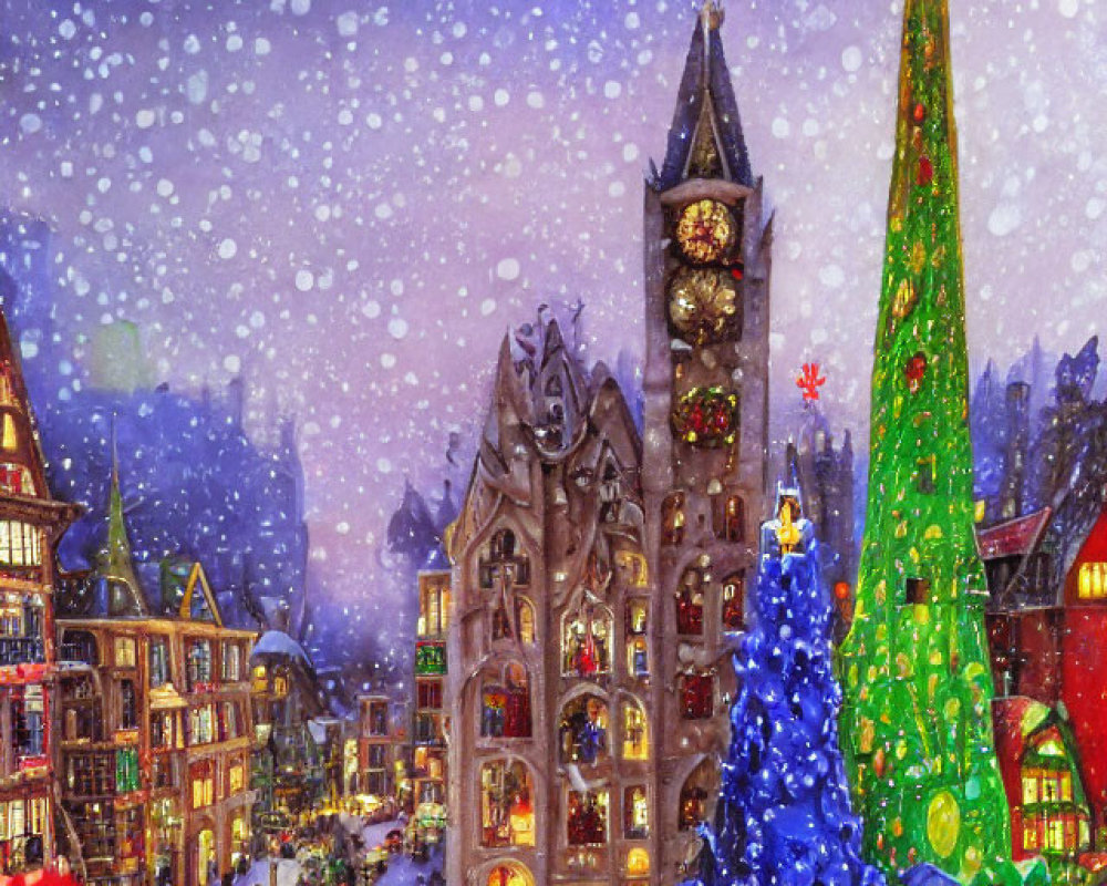 Vibrant town square with Christmas tree, clock tower, ice skaters, and snowfall