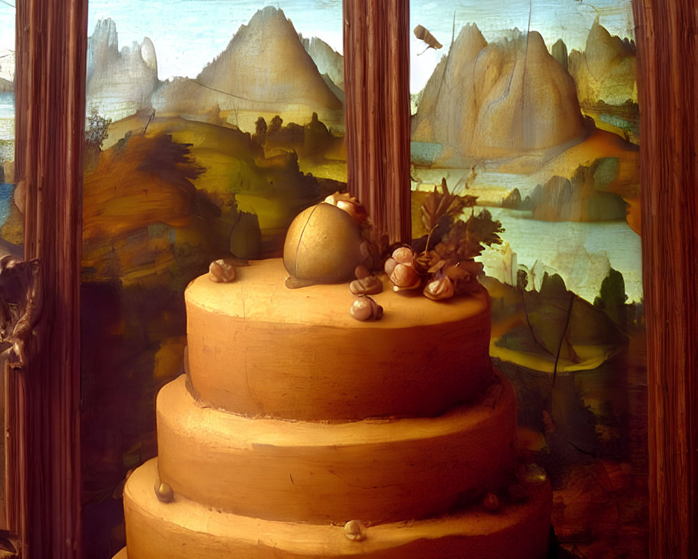 Golden brown tiered cake with nuts and egg on mountain backdrop