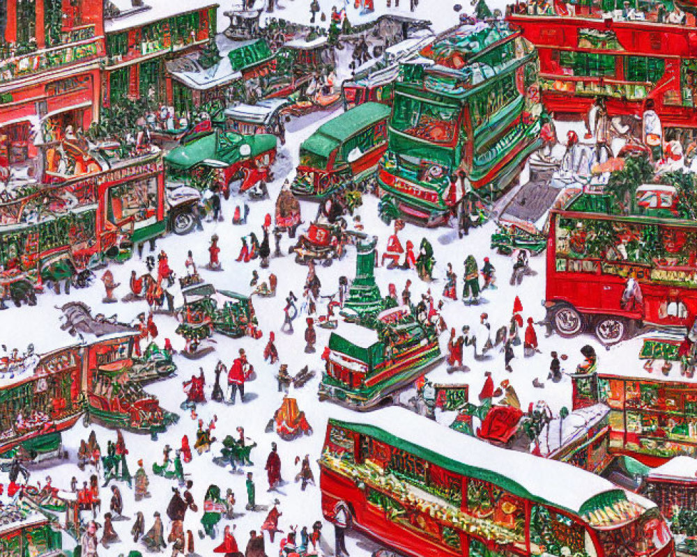 Colorful winter city square scene with people, buses, and holiday decorations