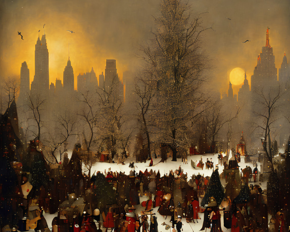 Stylized painting of bustling winter scene with period attire, tree, and tall buildings