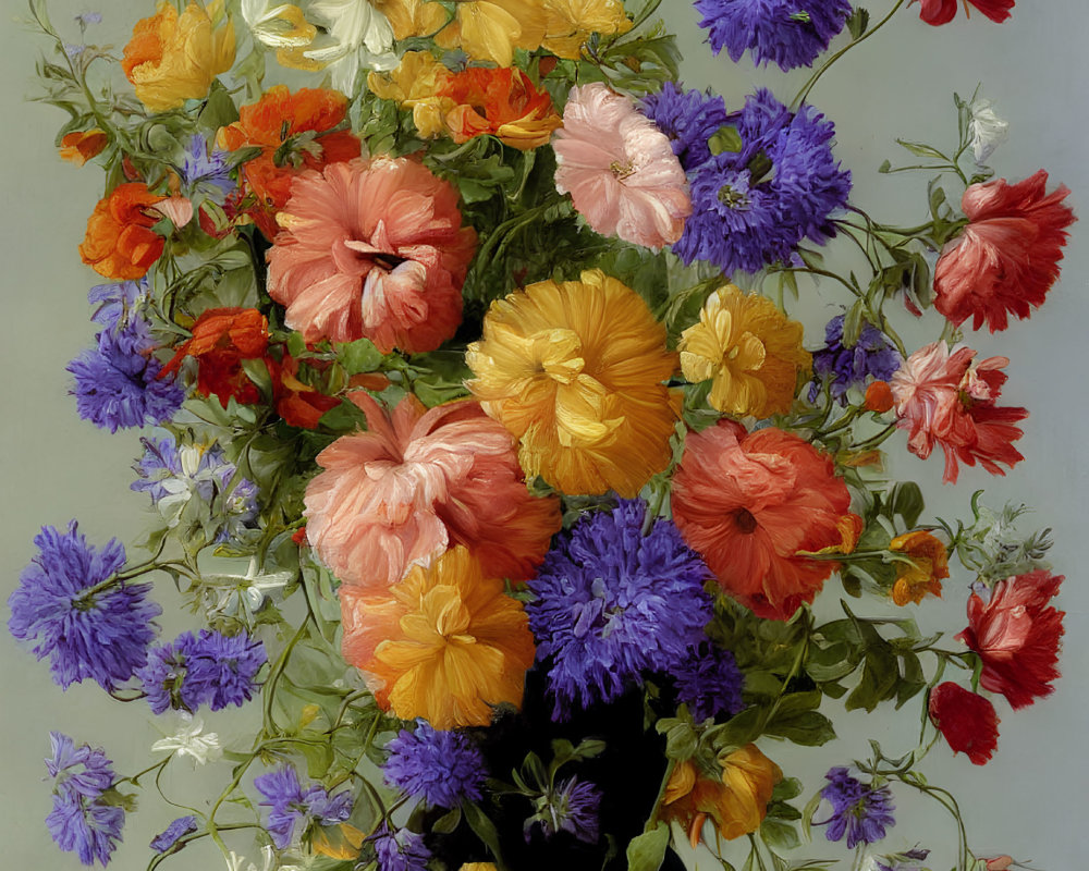 Colorful Flower Bouquet in Black Vase on Grey Background