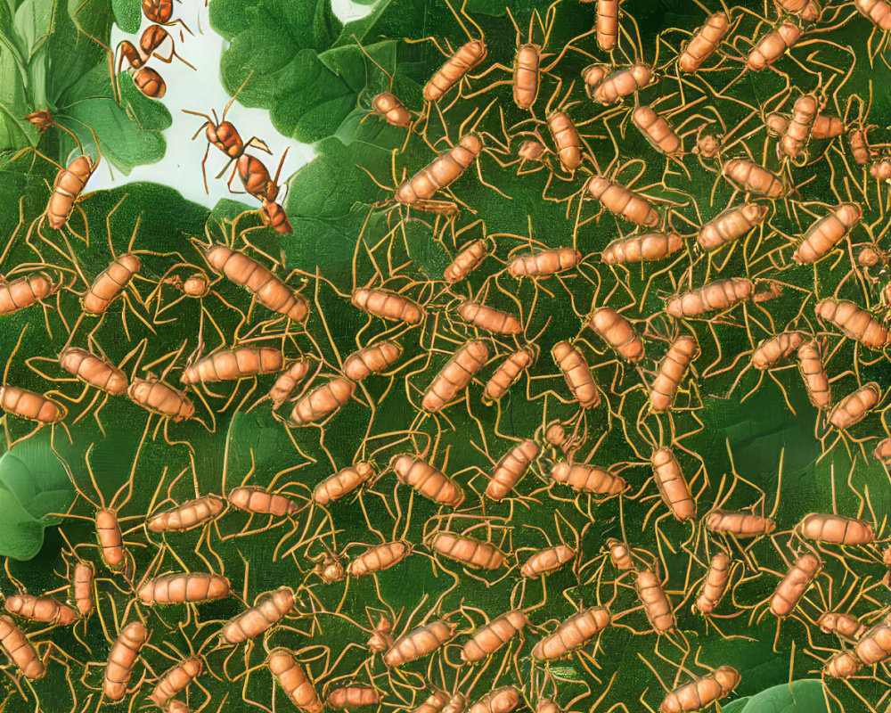 Detailed Illustration of Red Ants on Green Foliage