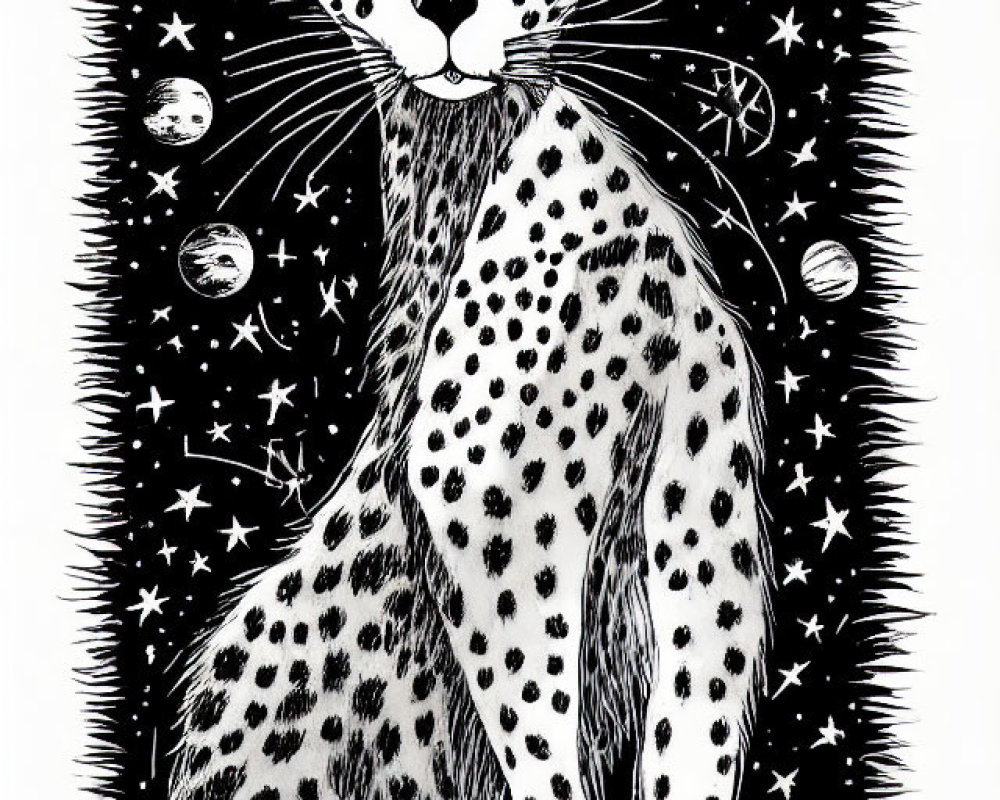 Stylized cat illustration with captivating eyes and starry backdrop.