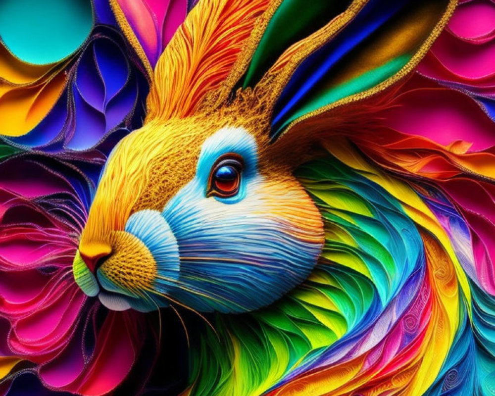 Colorful Digital Art: Stylized Rabbit with Swirling Rainbow Patterns