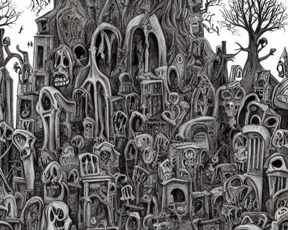 Detailed Monochrome Illustration of Spooky Graveyard with Ghostly Figures