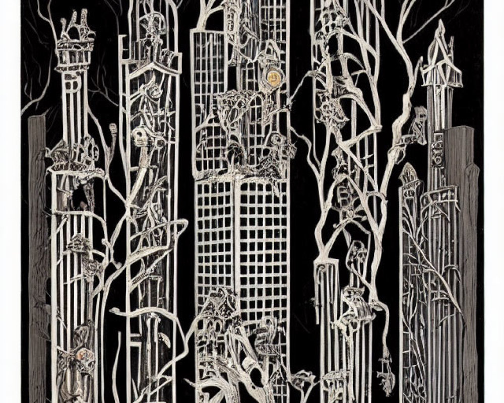 Detailed monochromatic gothic cathedral with skeletal figures and trees.