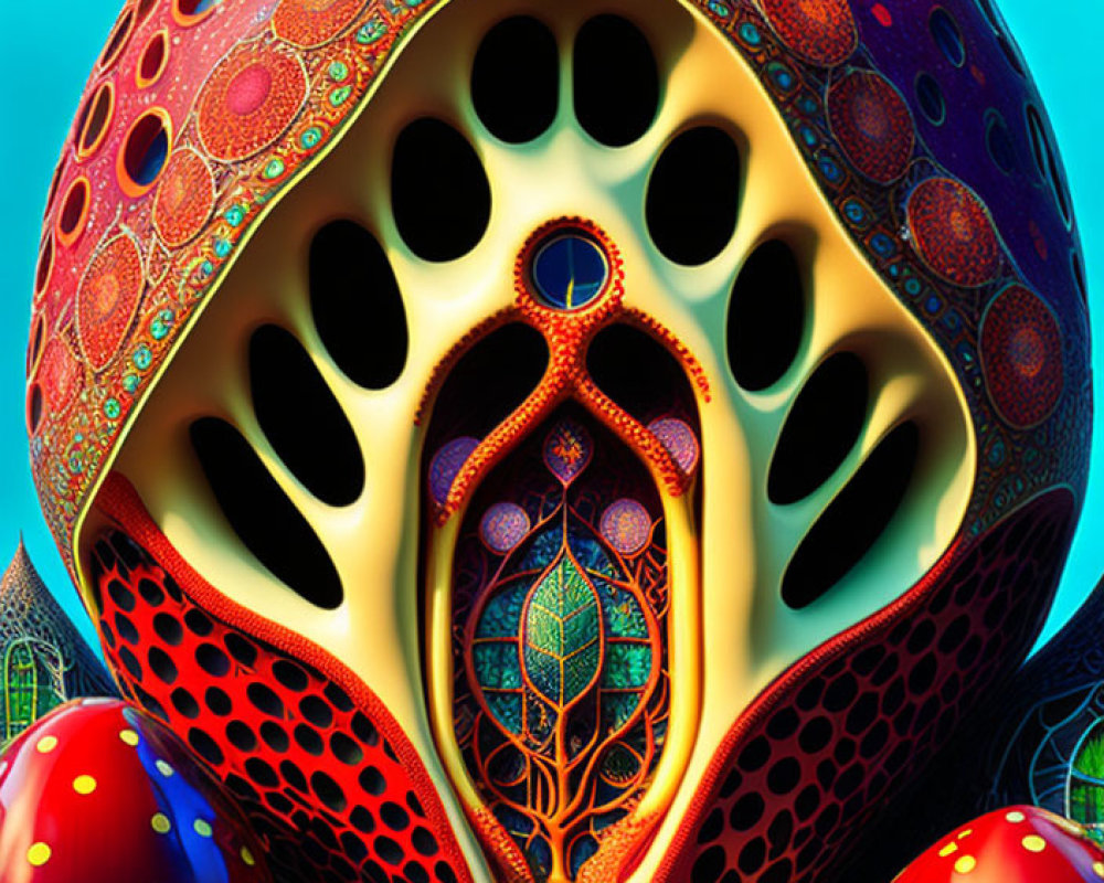 Vibrant digital art: surreal egg-like structure with organic patterns on blue background