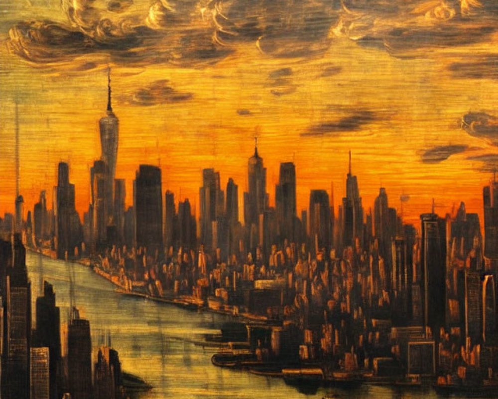 City skyline painting at sunset with dramatic clouds and reflections on water