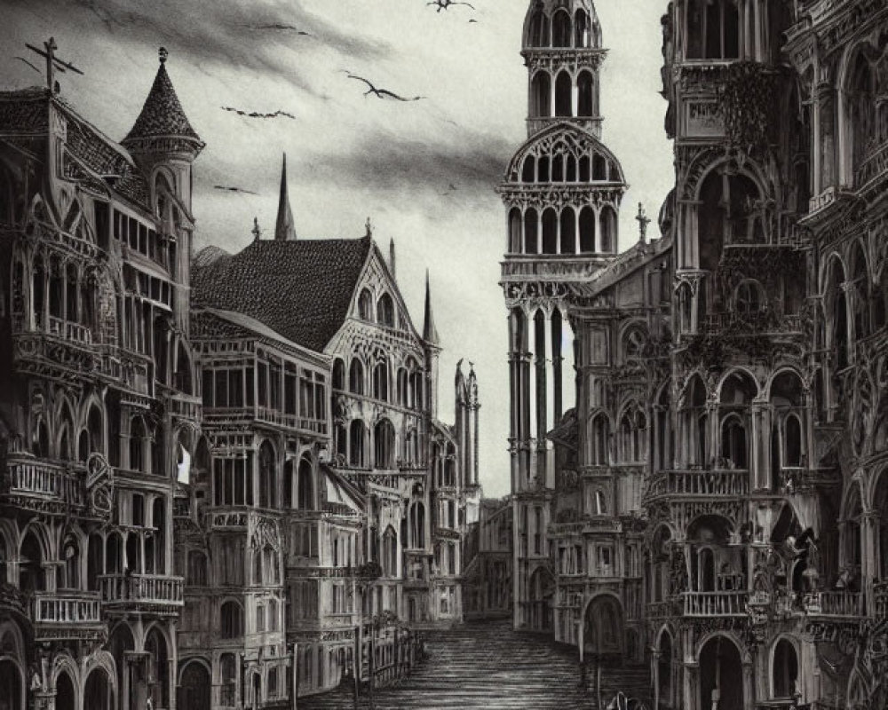 Monochromatic Gothic-style Venice illustration with gondola, iconic architecture, and moonlit sky