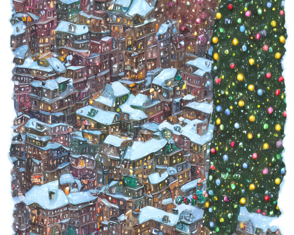 Snow-covered buildings and Christmas tree in festive winter scene