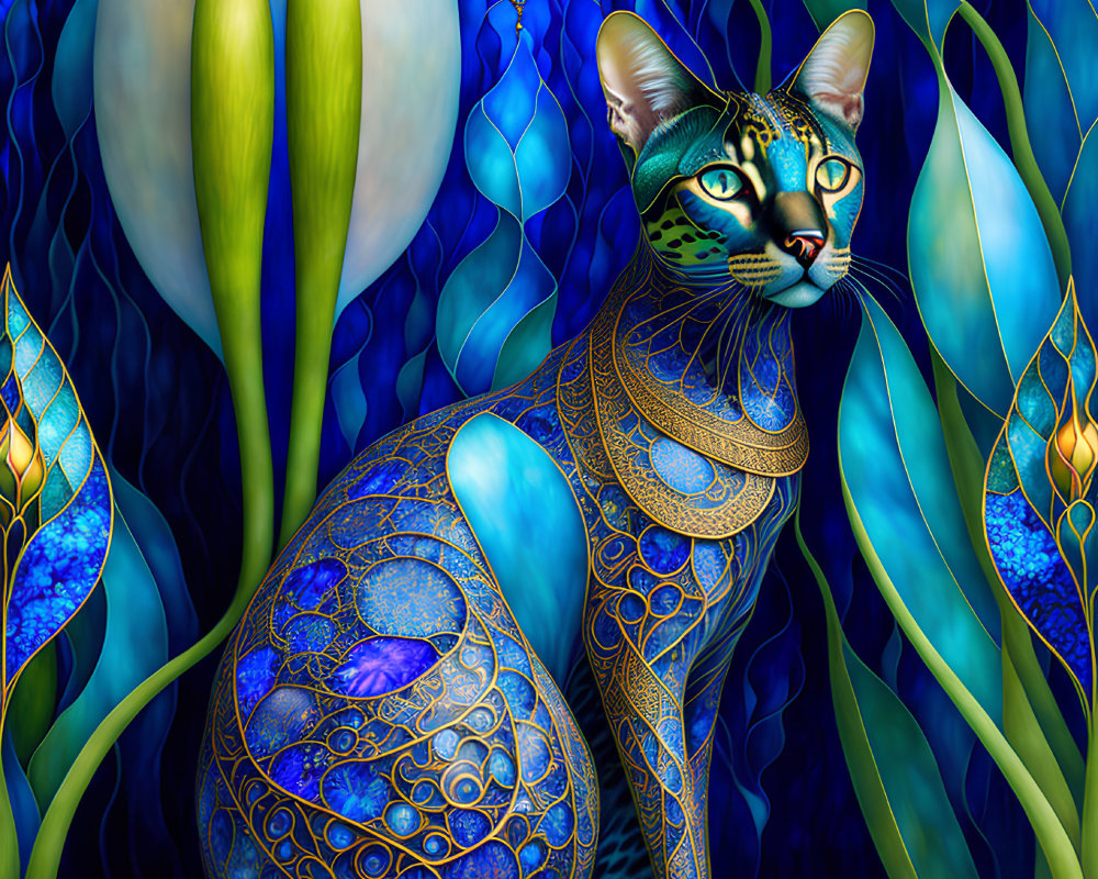 Colorful digital art: Ornate patterned cat with blue and green floral backdrop