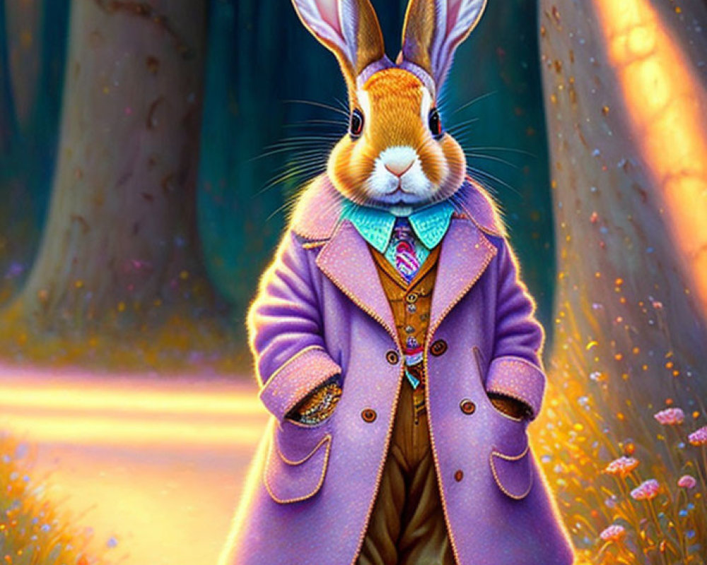 Elegant anthropomorphic rabbit in purple attire in magical forest scene