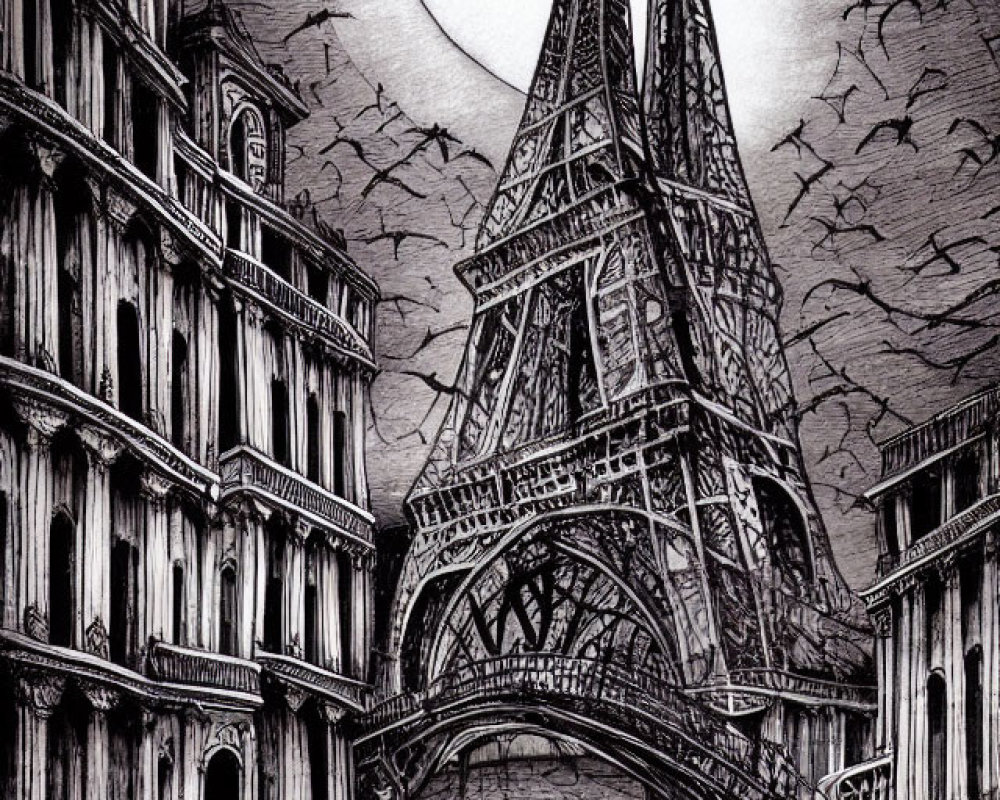 Monochrome illustration of Eiffel Tower in Gothic setting at night