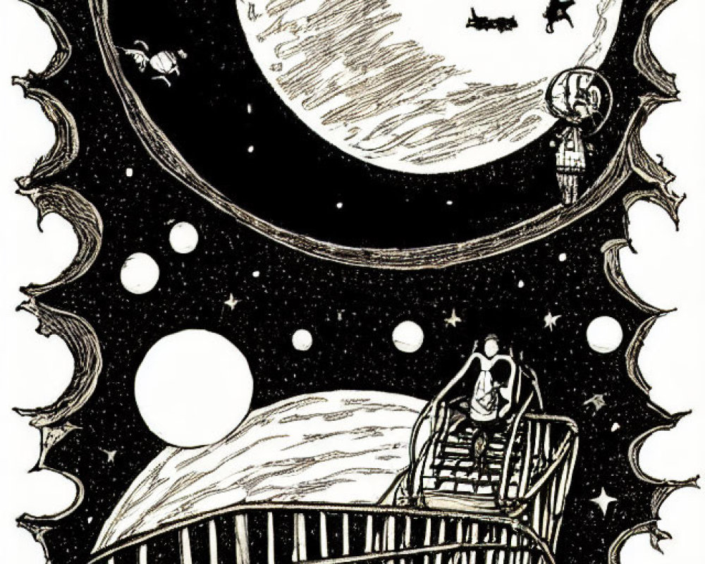 Monochromatic drawing of person on spiral staircase reaching moon, bats, stars, planets