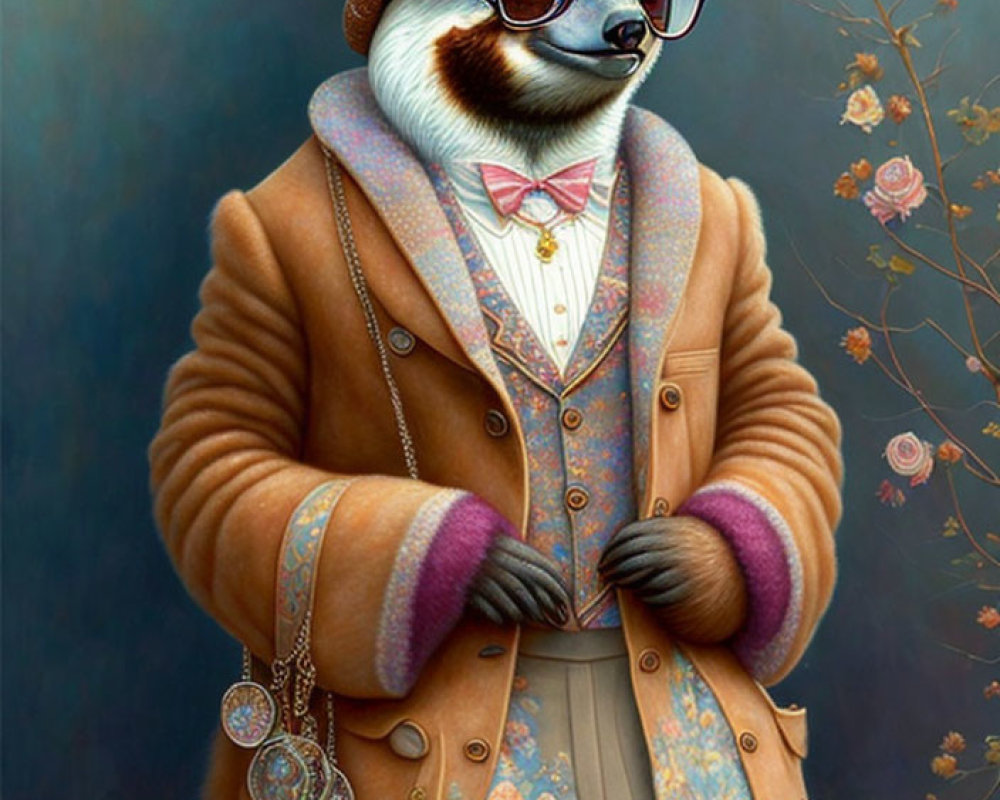 Anthropomorphic Meerkat in Vintage Attire on Floral Background