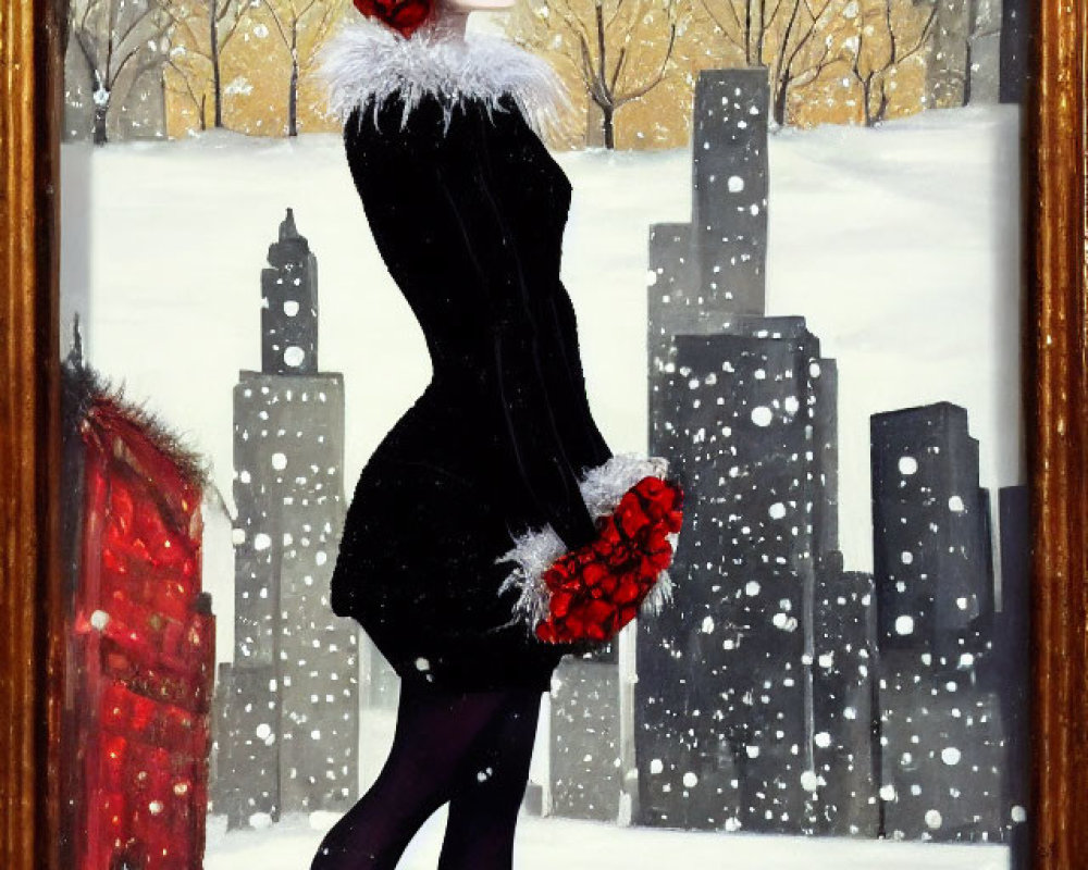 Stylish figure in black outfit and top hat in snowy cityscape