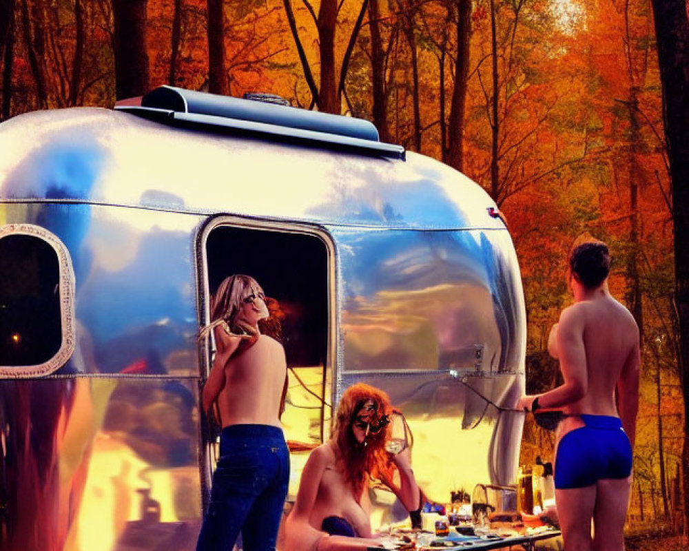 Three People Enjoying Leisure Activities by Shiny Camper in Autumn Forest