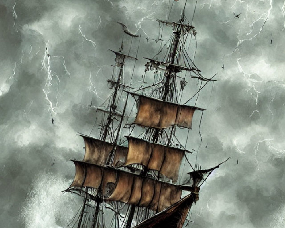 Tall Ship in Stormy Sea with Lightning and Dark Clouds