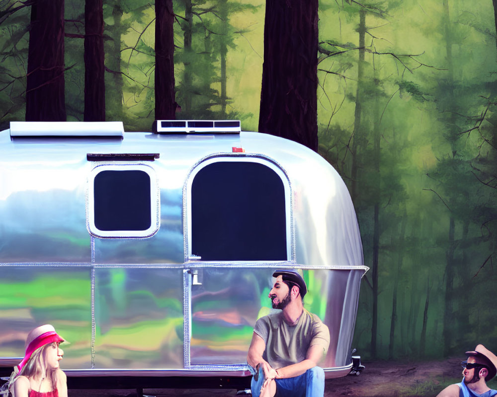 Friends by campfire near shiny travel trailer in the woods