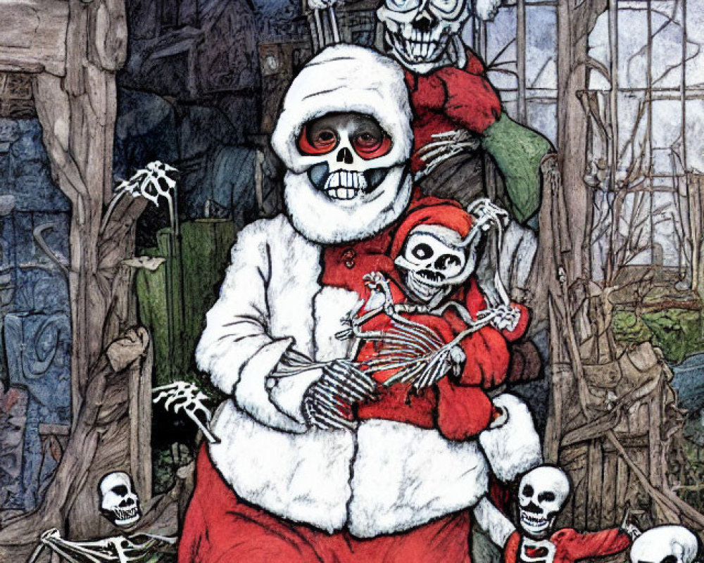 Skeleton Santa with Skeleton Helper in Festive Scene