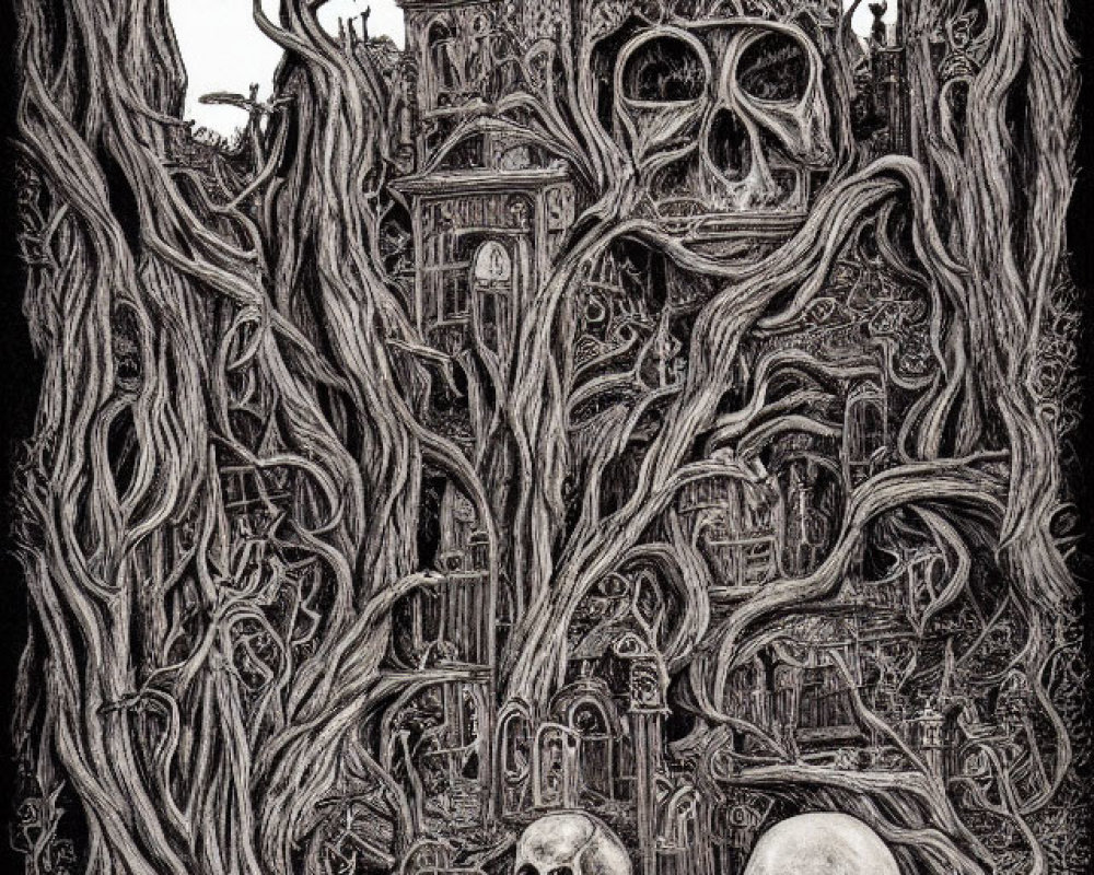 Monochromatic macabre illustration with trees, skulls, and grim building