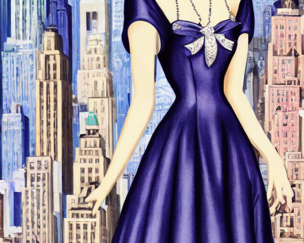 Fashionable woman in blue dress and red hat against vibrant skyscraper backdrop