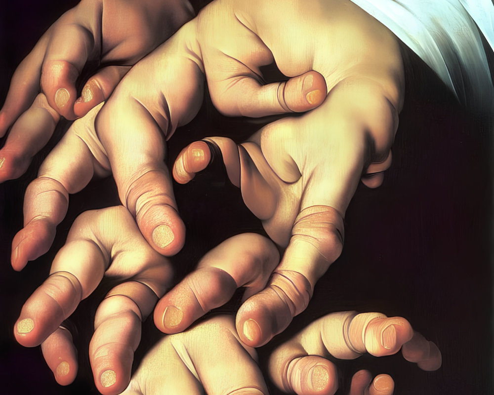 Hyper-realistic painting of overlapping hands with detailed textures on dark background