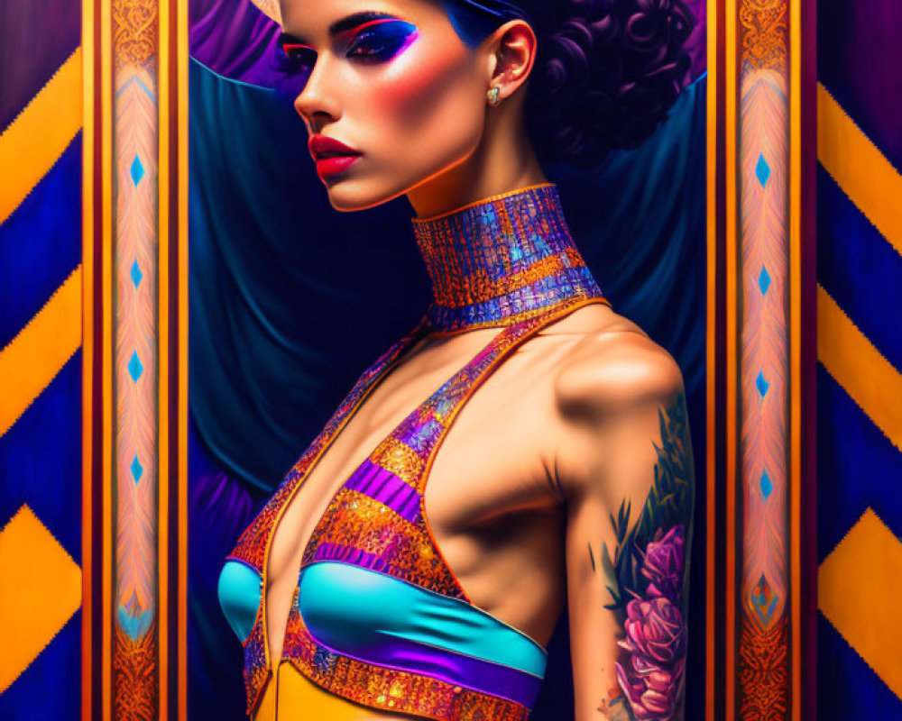 Colorful Portrait of Woman with Blue Hair and Tattoo on Vibrant Background