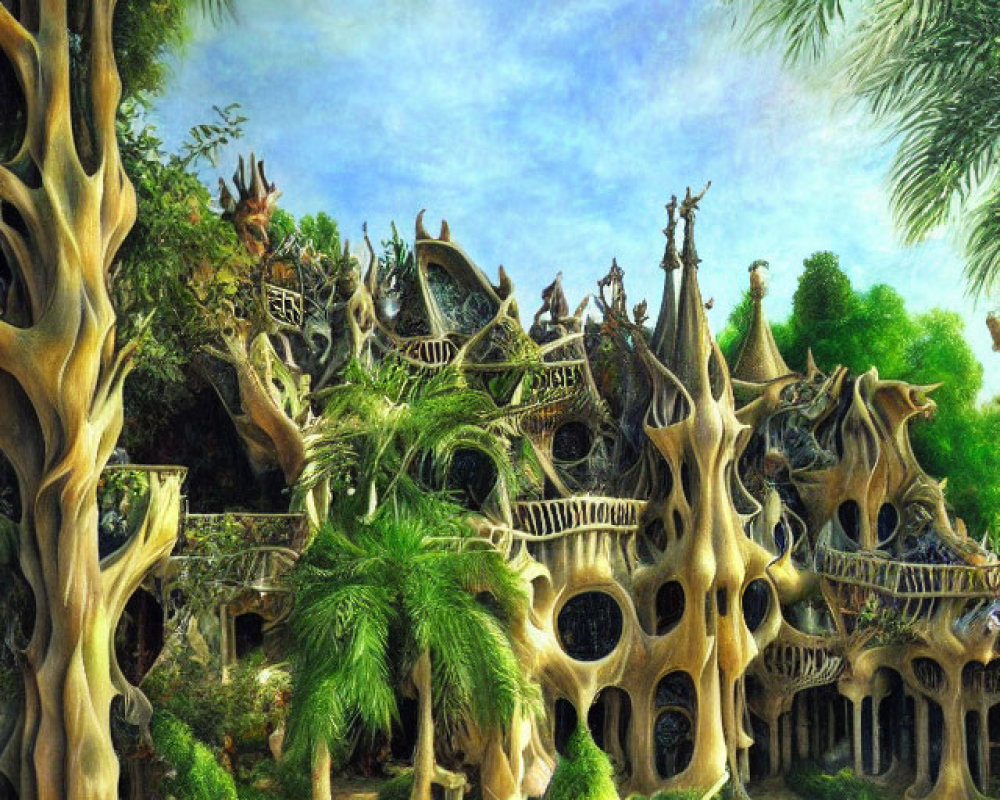 Fantastical painting of organic architecture and lush landscape