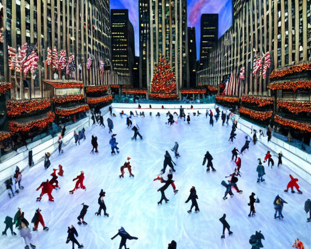 Ice skating scene with holiday decorations and Christmas tree in city rink at twilight