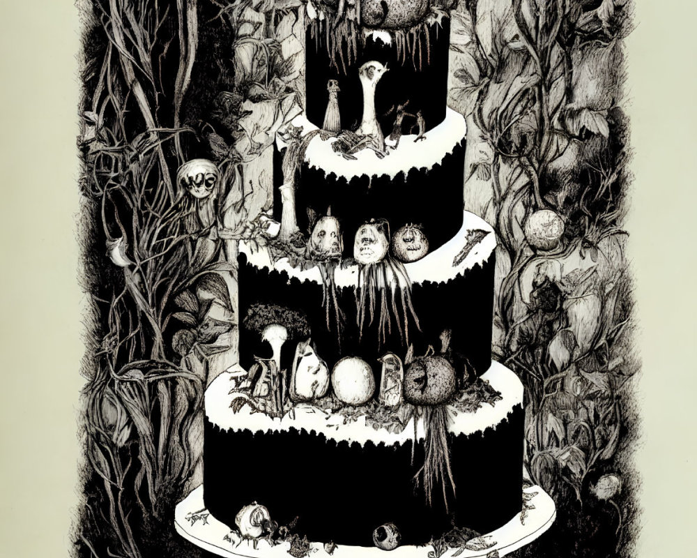 Gothic-style four-tiered cake with skulls, candles, and intricate foliage