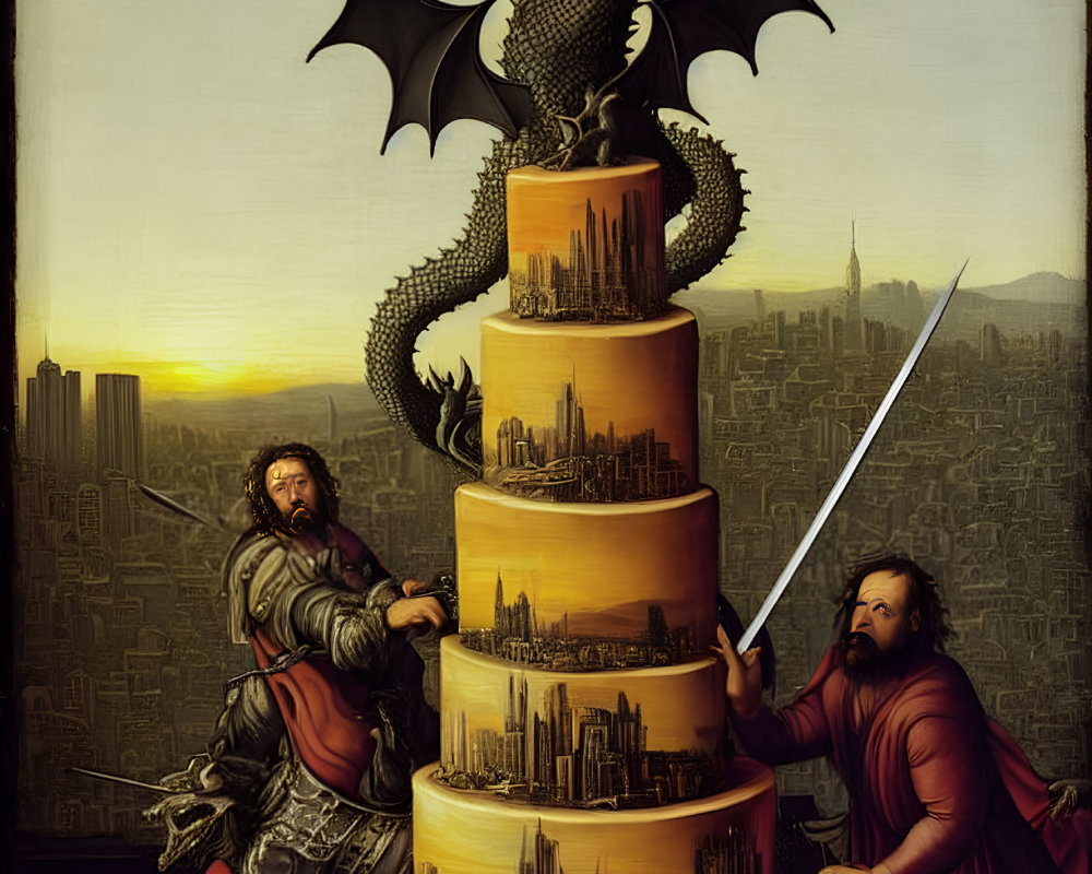 Medieval-themed men cutting cityscape cake with dragon