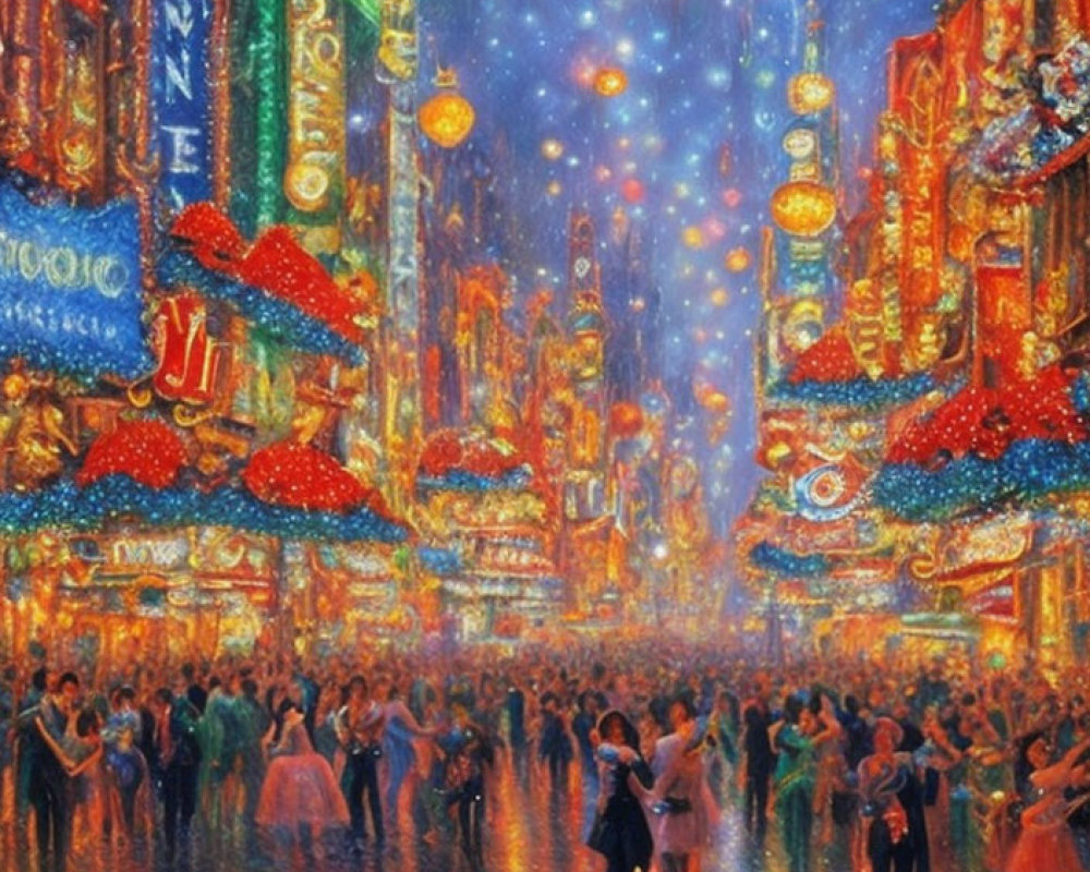 Colorful street scene with dancing crowd and fireworks