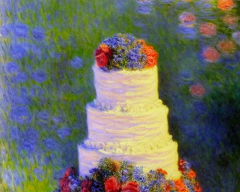 Colorful Flower Adorned Three-Tiered White Cake on Stand