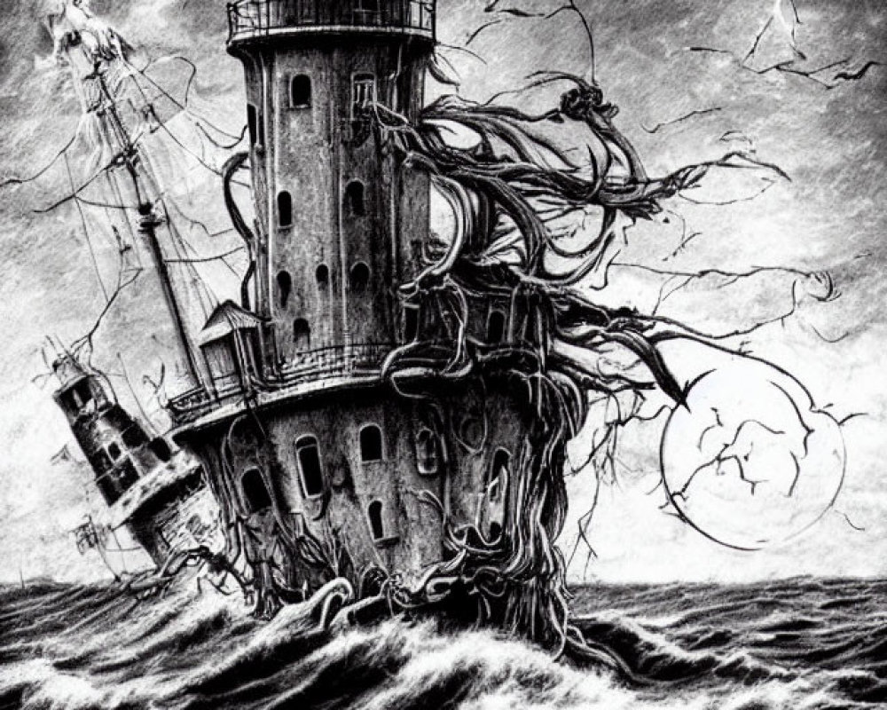 Monochrome lighthouse engulfed by massive tentacles in stormy seas