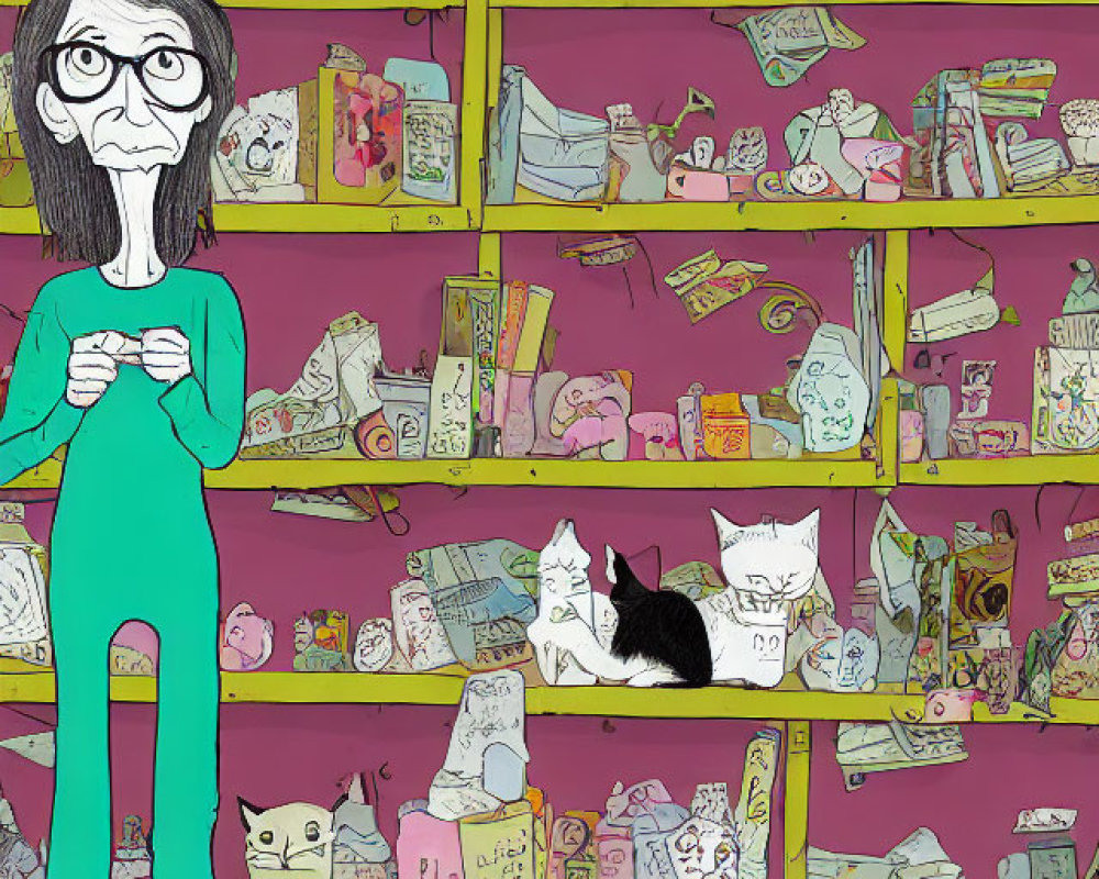 Cartoon of person with glasses surrounded by playful cats and shelves of items