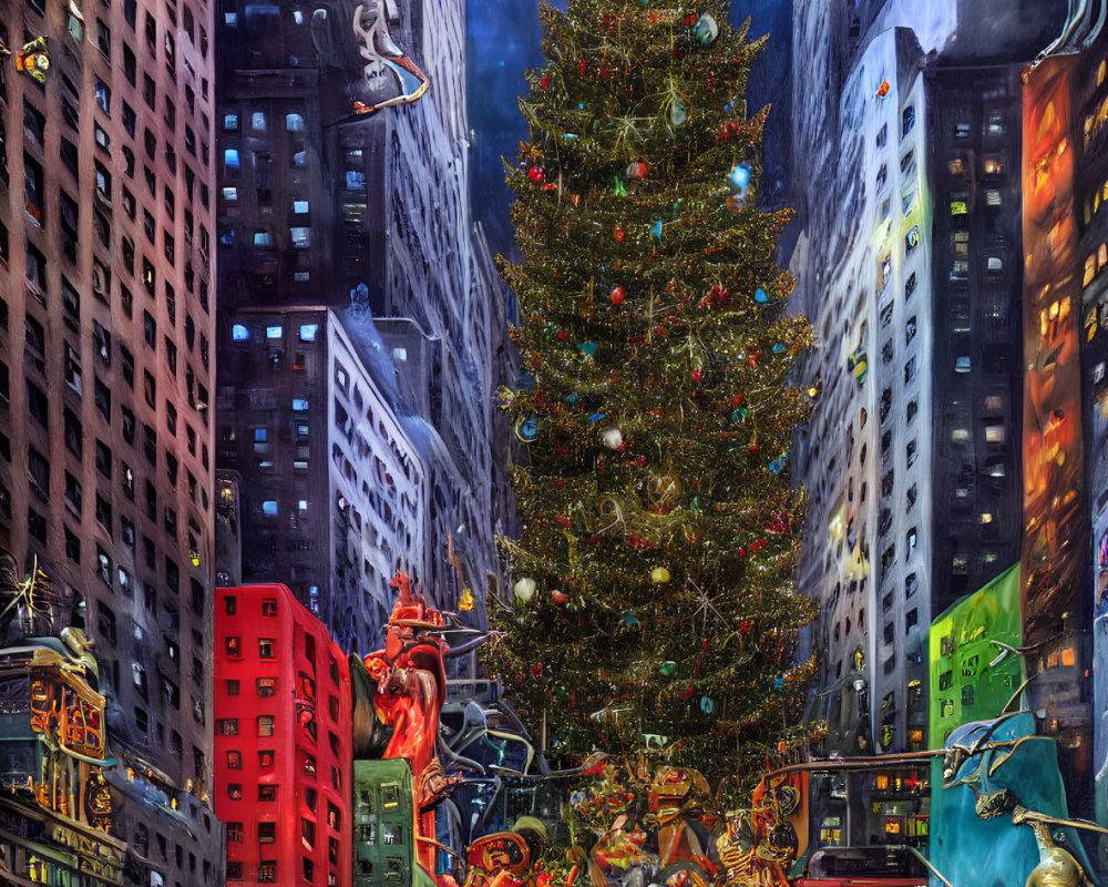 Vibrant Christmas tree painting in cityscape with whimsical characters