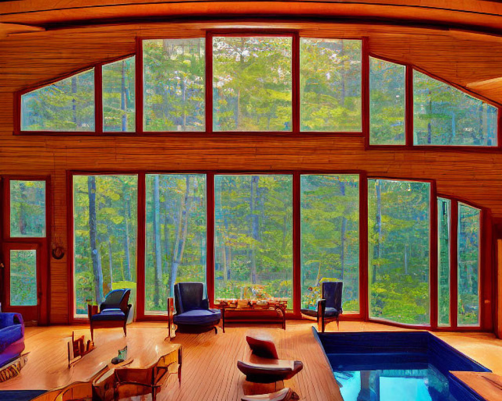 Indoor Pool Room with Forest View and Lounge Chairs