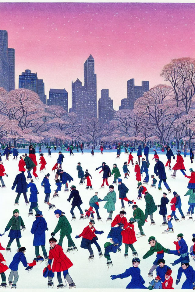 Illustration: Ice-skating in city park with pink trees and snowy sky