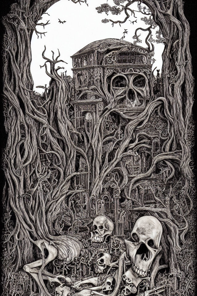 Monochromatic macabre illustration with trees, skulls, and grim building