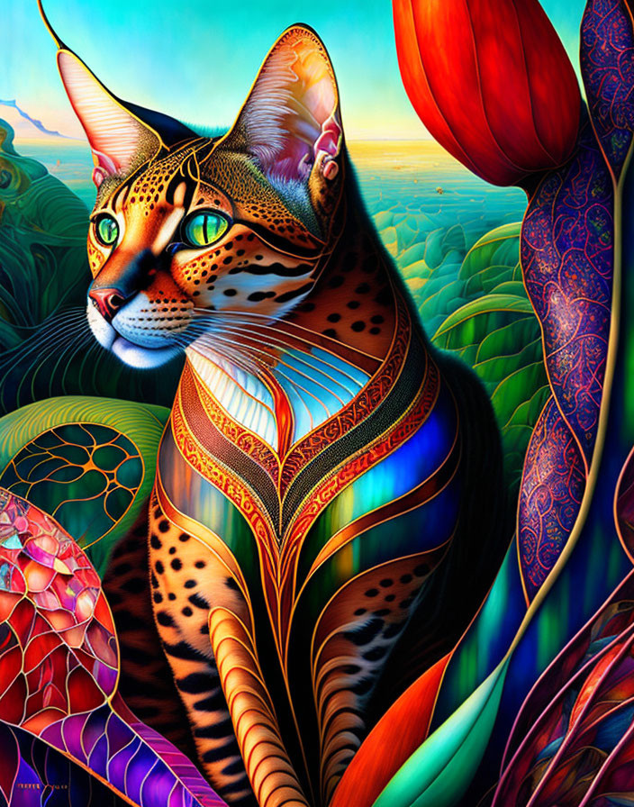 Colorful Stylized Cat Illustration Among Fantasy Plants