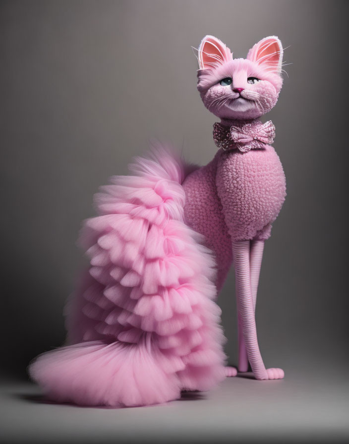 Pink anthropomorphic cat with blue eyes and bow tie standing on two legs