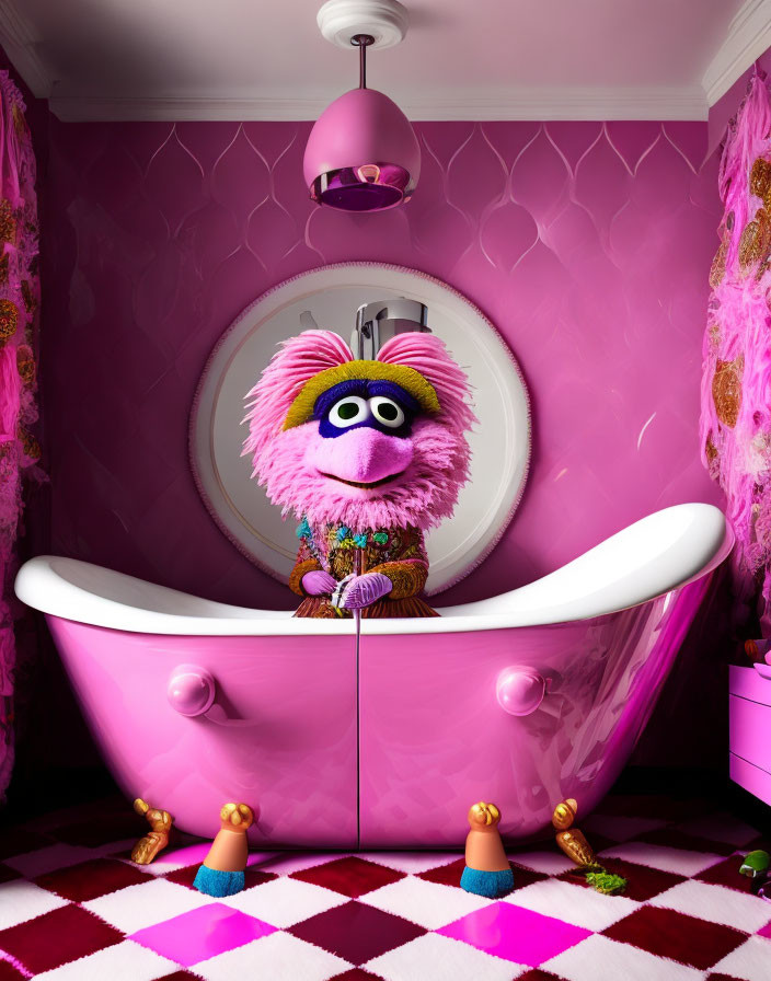 Pink-themed bathroom with purple puppet in clawfoot tub